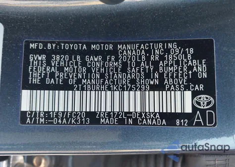 2019 Toyota Corolla Se from USA, damaged, VIN 2T1BURHE1KC175299